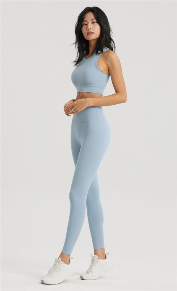 soft blue sports bra and yoga pants set